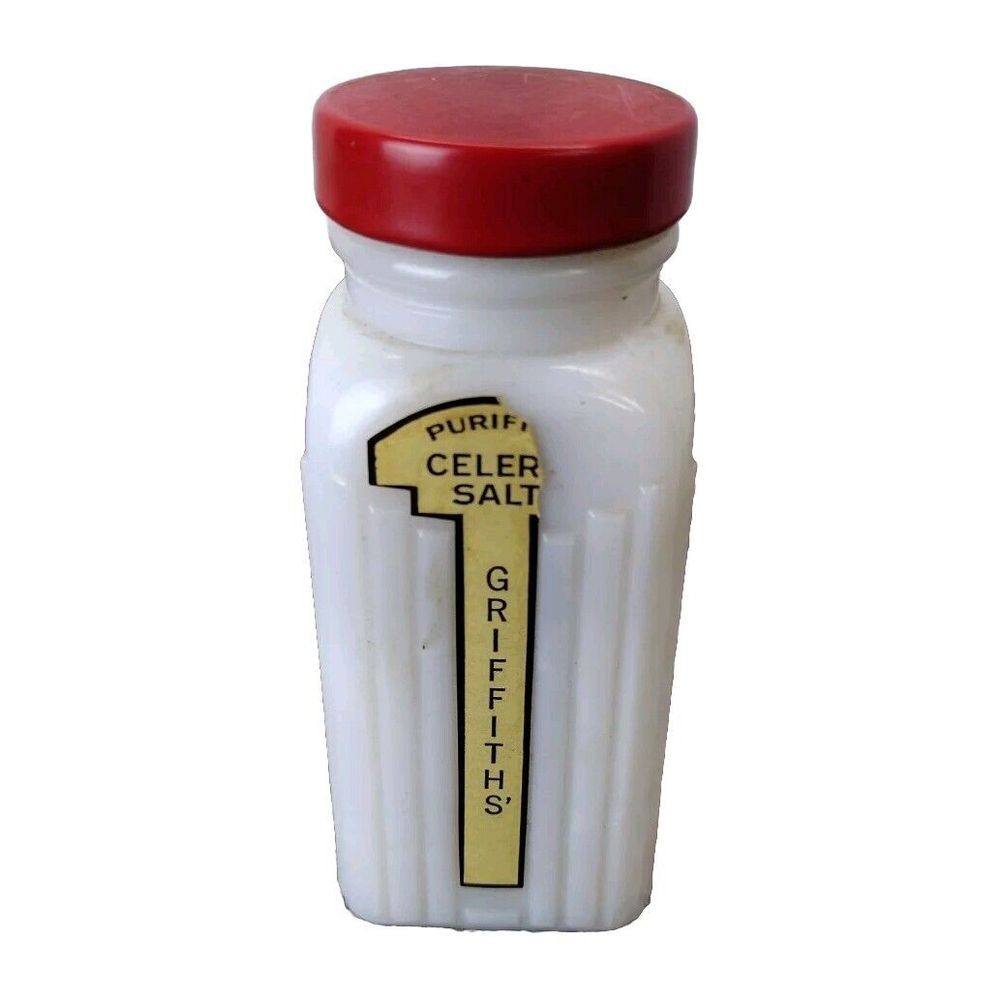 Vintage GRIFFITH's CELERY Salt MILK GLASS SPICE SHAKER JAR RED LID YELLOW GOLD